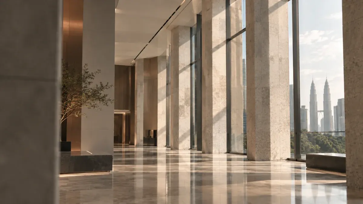 Lobby with daylight and the Kuala Lumpur skyline